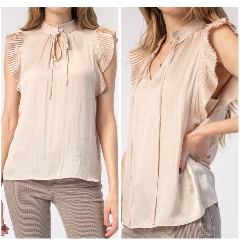 NEW FRAME Pleated Keyhole Blouse in Parchment Sz XS